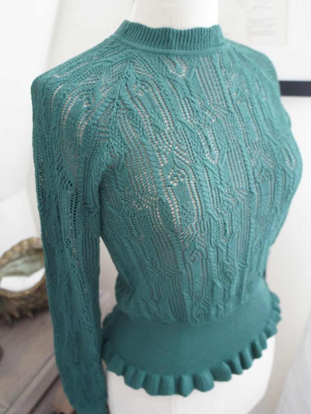 Joie Green Pointelle Knit Ruffle Peplum Crewneck Sweater Size Small